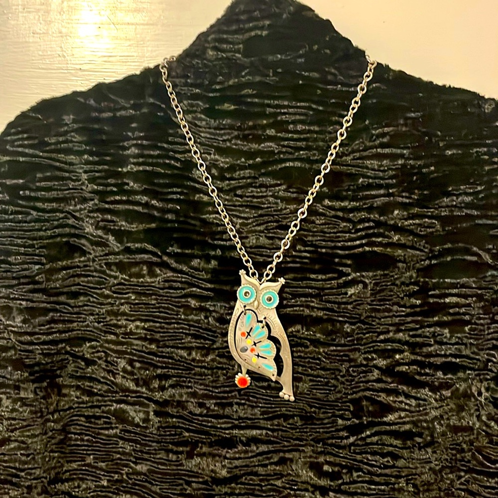 Vintage pewter owl necklace with turquoise & coral enamel accents
